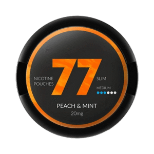 77 Peach Mint nicotine pouch can – all white, tobacco-free, fruity mint flavour